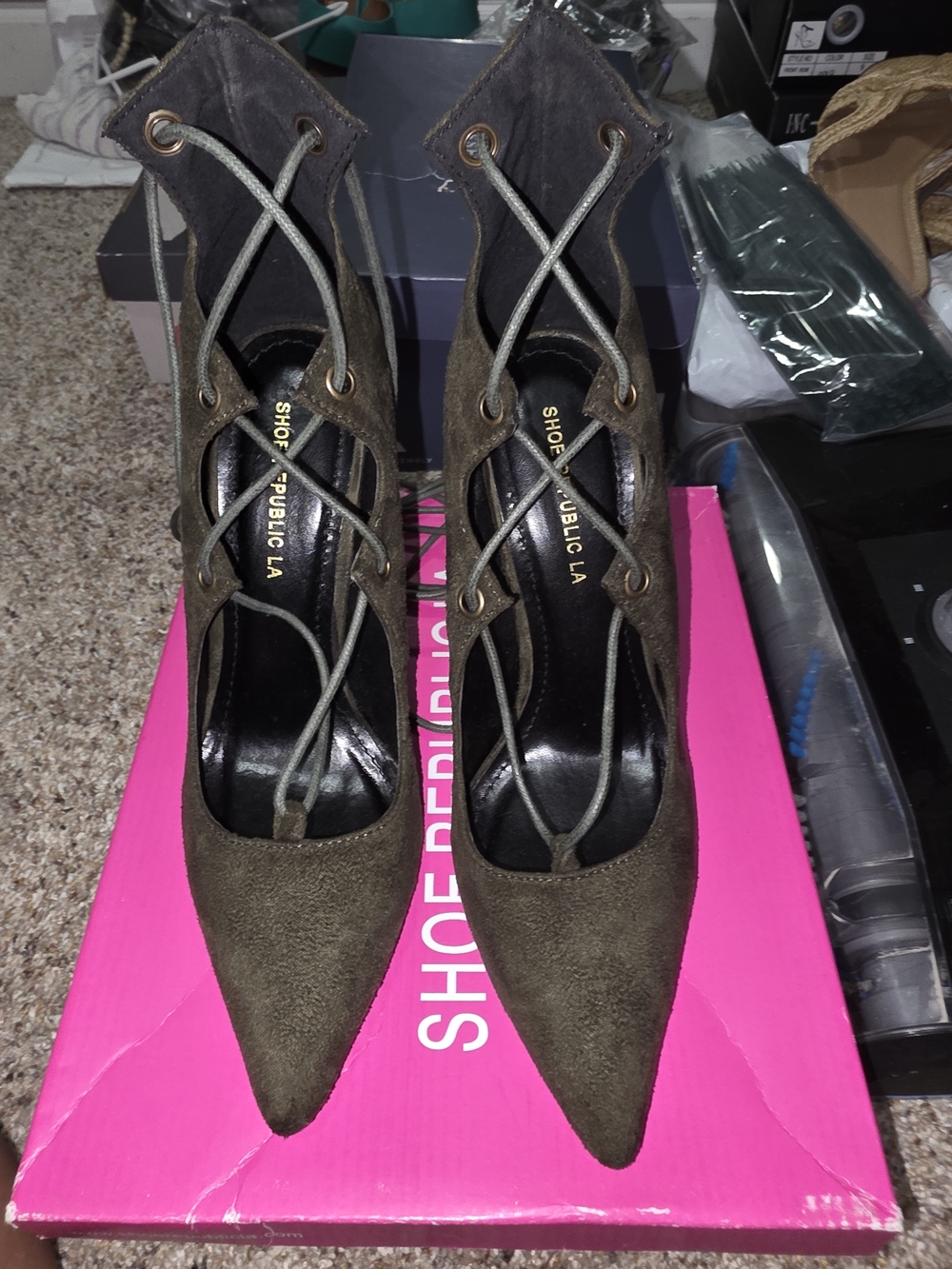 Shoe Republic LA Olive Lace-Up Pointed Toe Heels